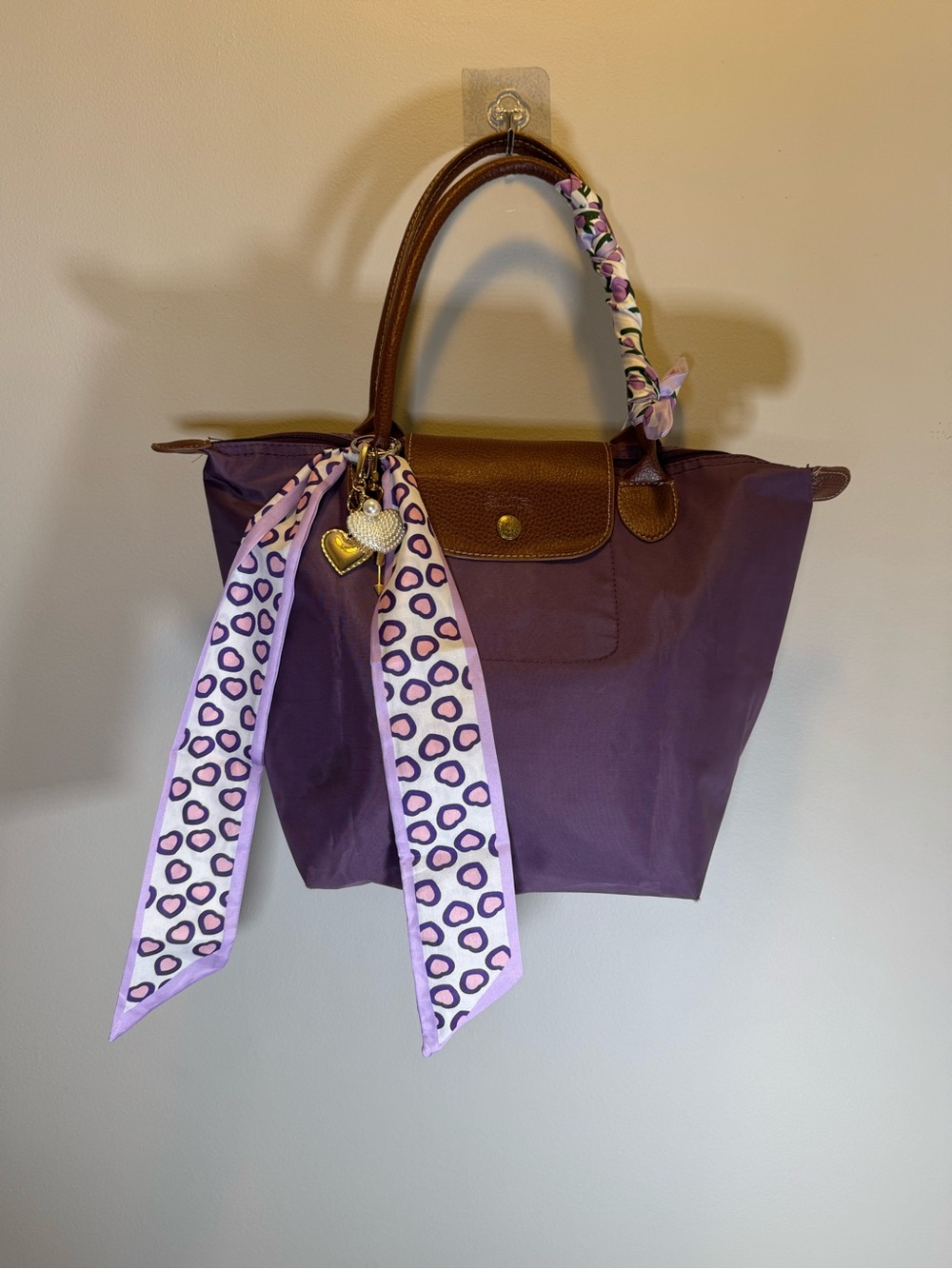 Longchamp Le Pliage Medium Purple Nylon Tote Bag Brown Leather Handles